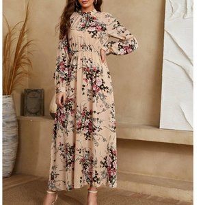 Floral Mock Neck Keyhole Back Dress